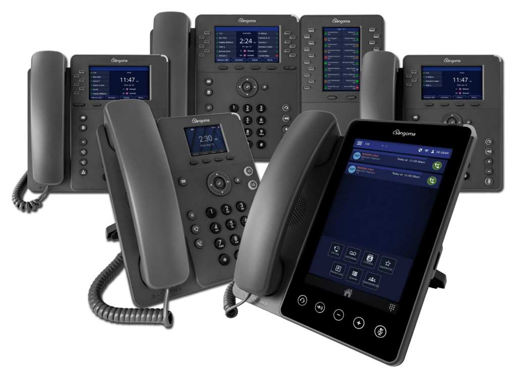 Multiple models of business telephones arranged together, including desk phones and a touchscreen device.