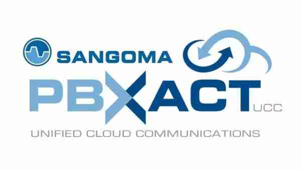 Sangoma PBXact UCC logo featuring the brand name and graphical elements.