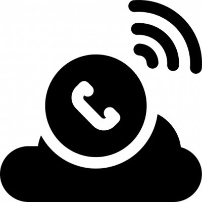Icon representing cloud communication with a phone symbol and sound waves above it.