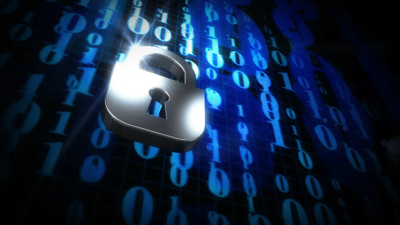 A metallic padlock in front of a blue binary code background with glowing elements.