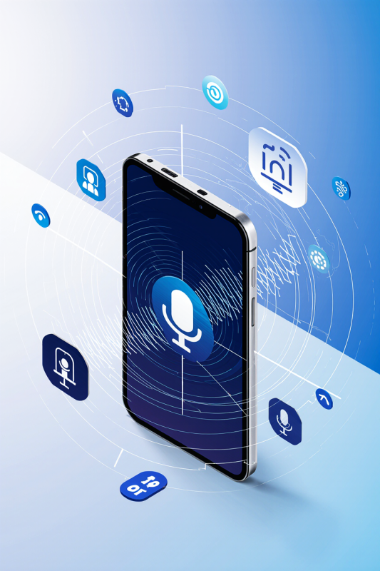 Smartphone displaying a voice AI interface with sound wave graphics and icons.